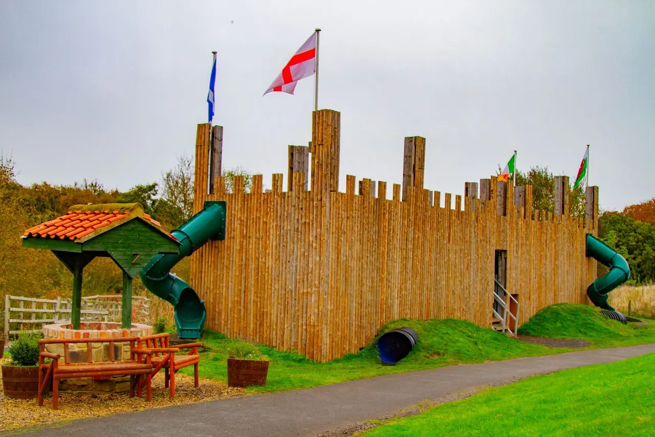 Wooden castle-themed play structure with turrets, flags, slides and climbing features set in a park with seating area.