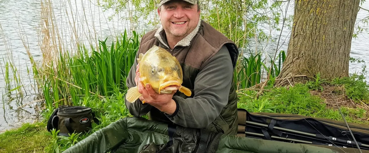 Angler holding a large golden carp beside a lake, surrounded by reeds and trees.