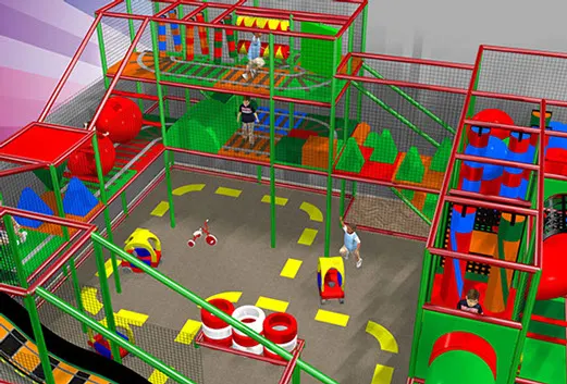 Children playing in a large colourful indoor soft play structure with multiple levels, slides, and climbing frames.