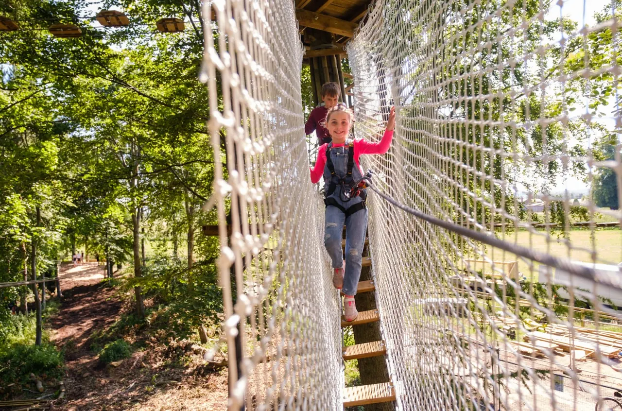 Child navigating a suspended rope bridge walkway through a woodland canopy course with trees surrounding.