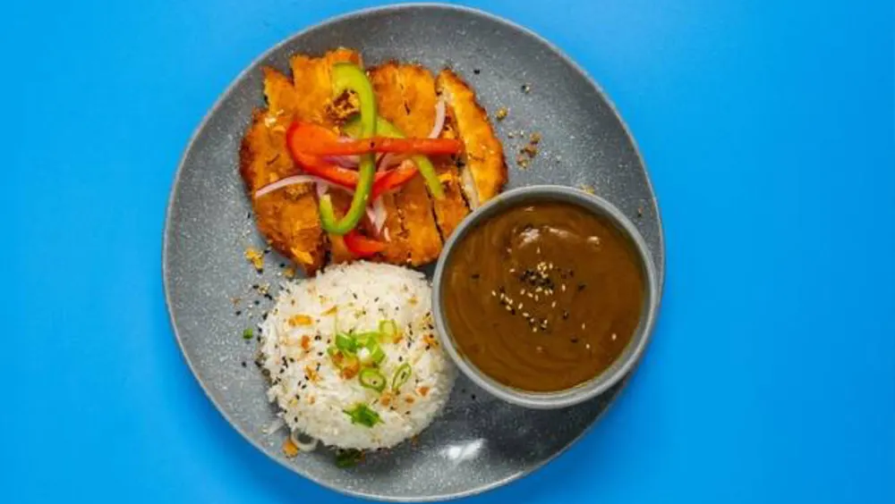Plated dish with seared protein topped with peppers, rice, and a brown sauce in small bowl.