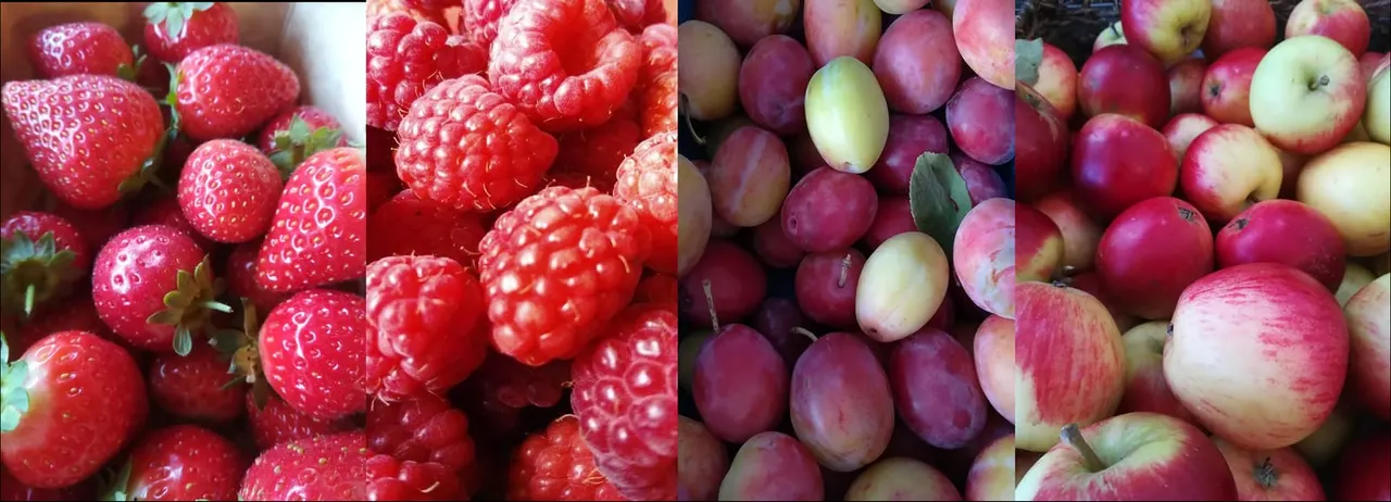 Close-up of fresh strawberries, raspberries, plums and apples displayed together.