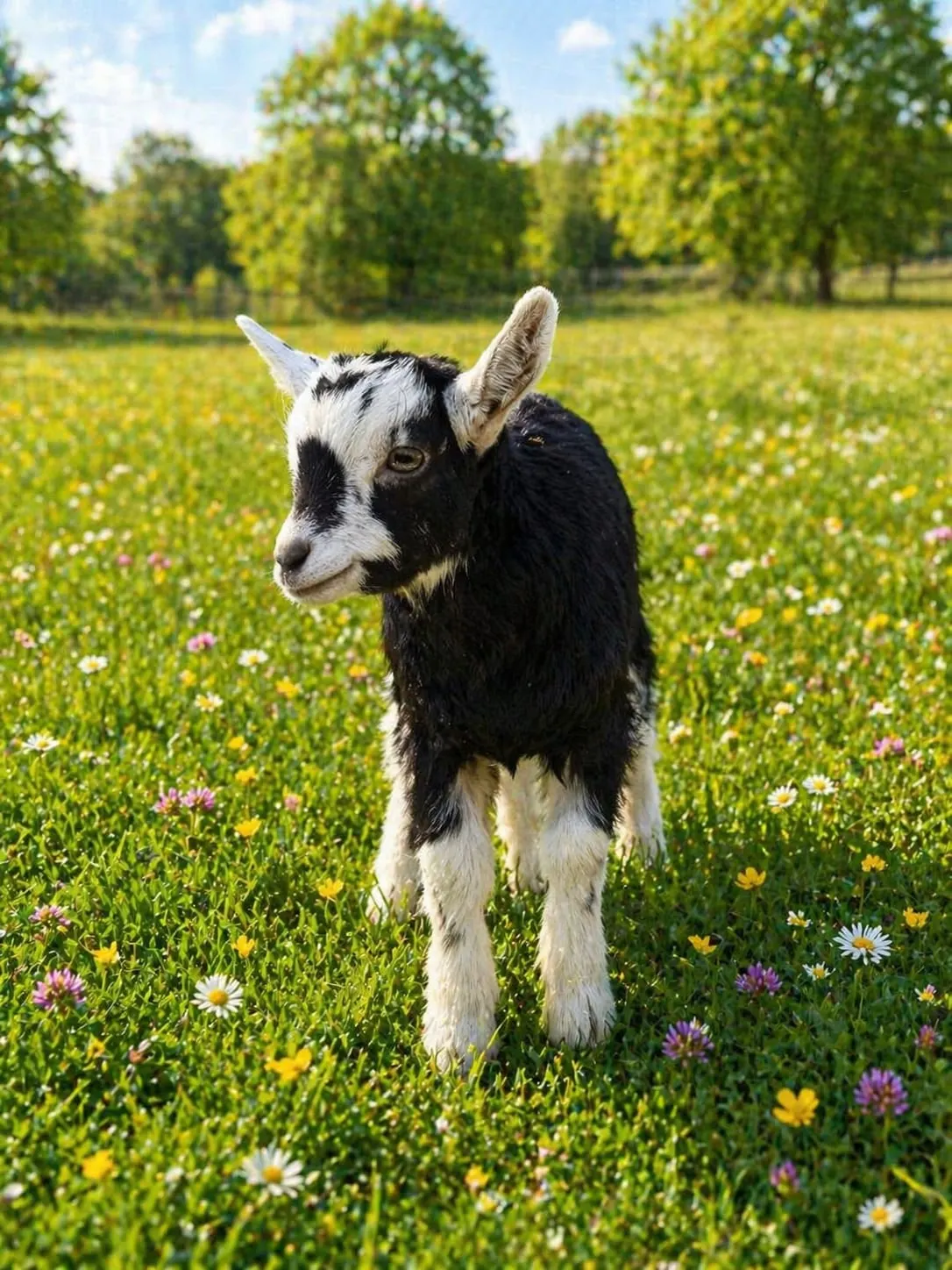 Black and white goat standing in a wildflower meadow with trees behind under blue sky.
