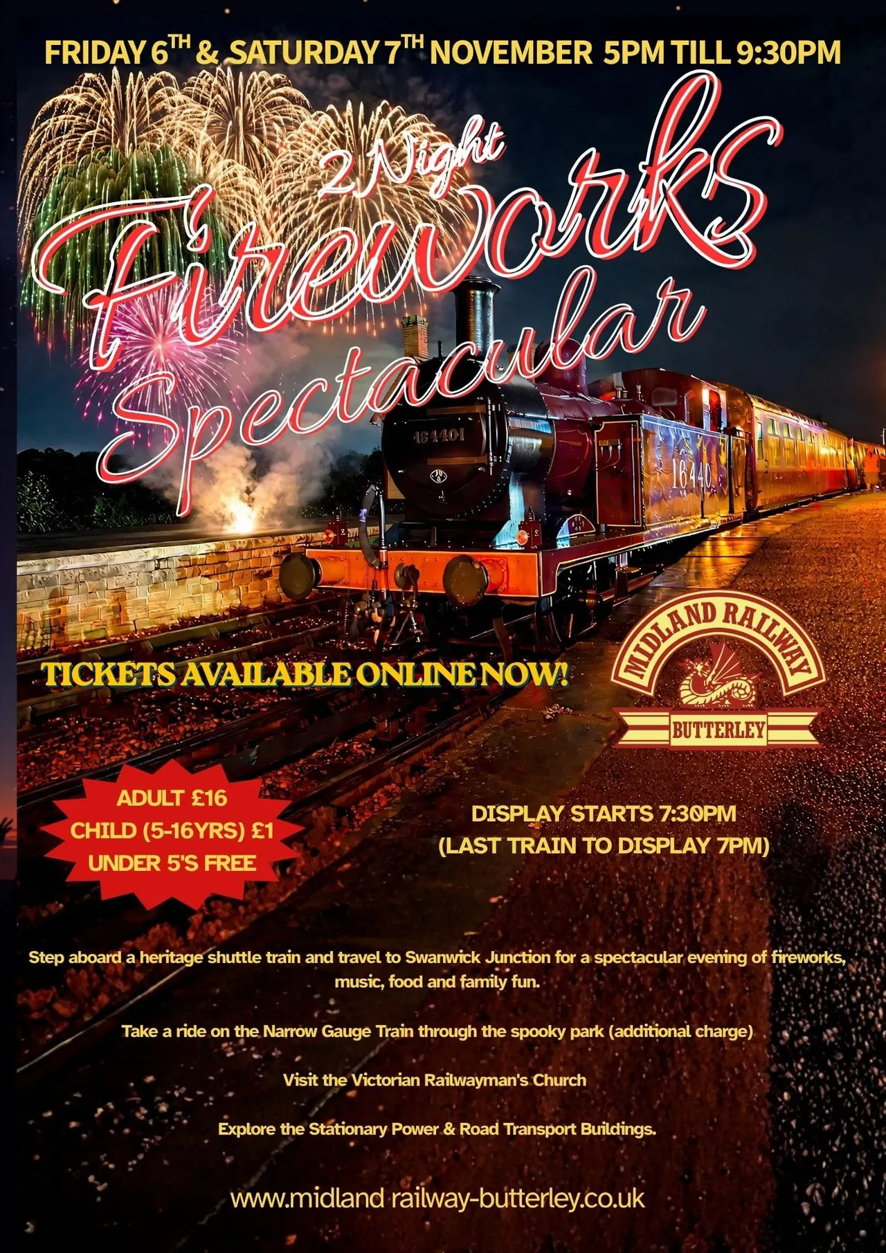 Official 2026 Fireworks Spectacular poster for Midland Railway Butterley with steam loco and fireworks