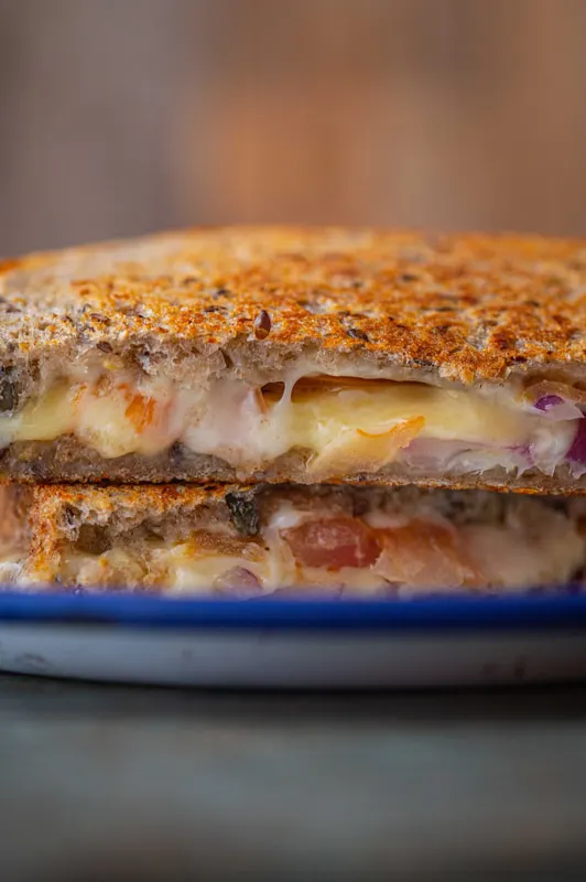 Toasted sandwich filled with cheese, cured meat and vegetables on a plate.
