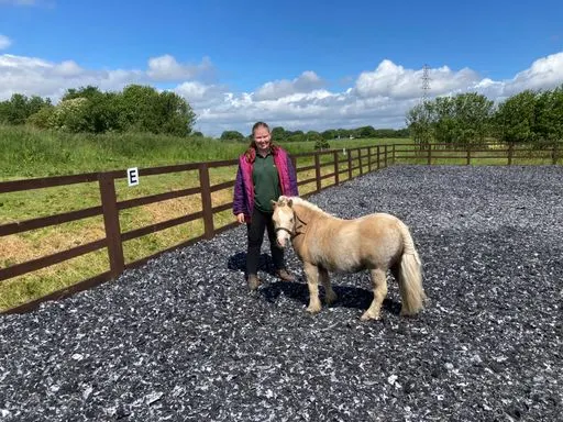 Woman in pink jacket standing with a goat in a gravel paddock with wooden fencing and countryside views.