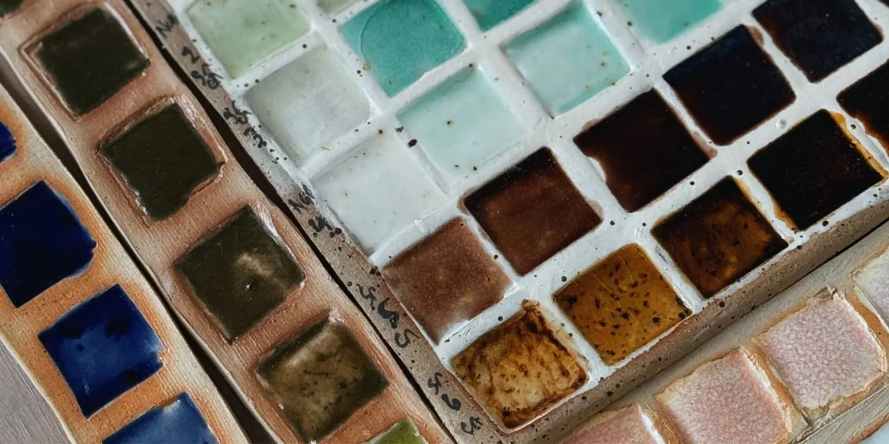 Overhead view of watercolour paint palettes with multiple wells in various colours including blues, greens, browns and blacks.