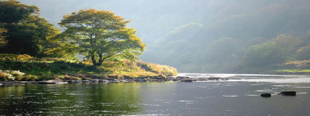 River flowing between forested banks with mountains in misty distance under partly cloudy sky.