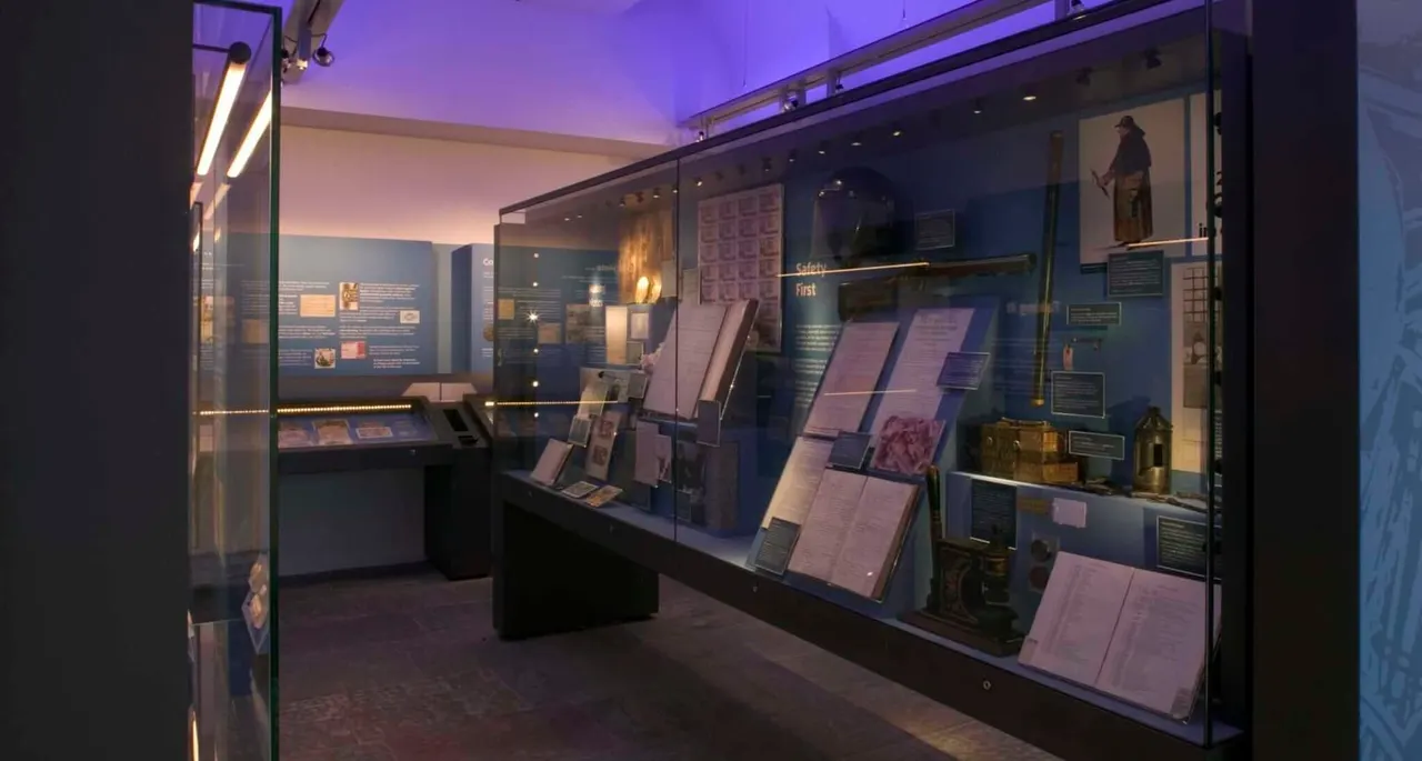 Museum gallery with glass display cases containing artefacts and information panels, lit by purple and gold ambient lighting.