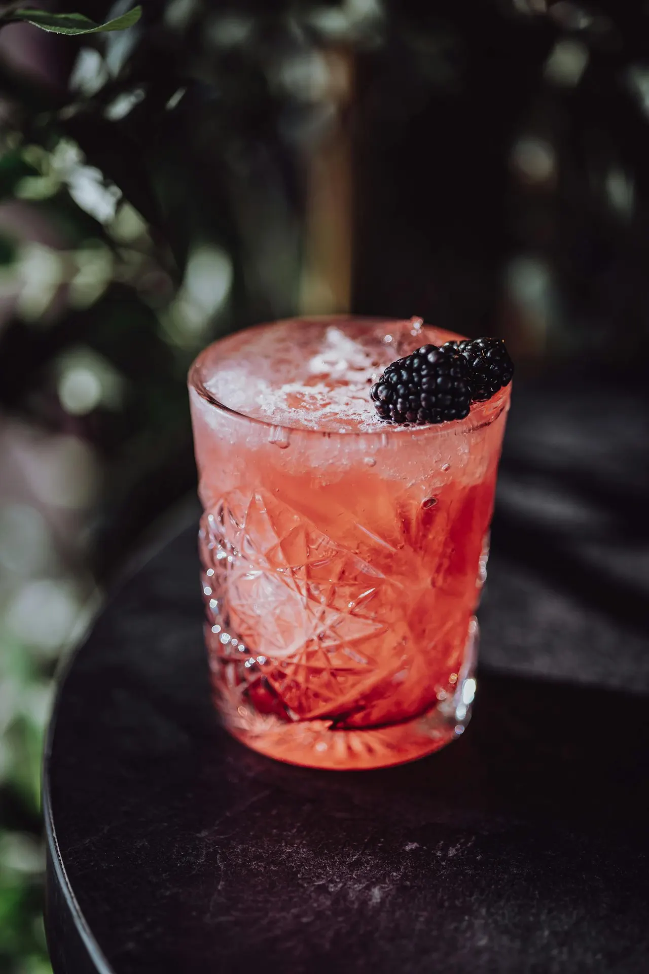 A red cocktail with ice and a blackberry garnish sits on a dark surface with blurred foliage in the background.