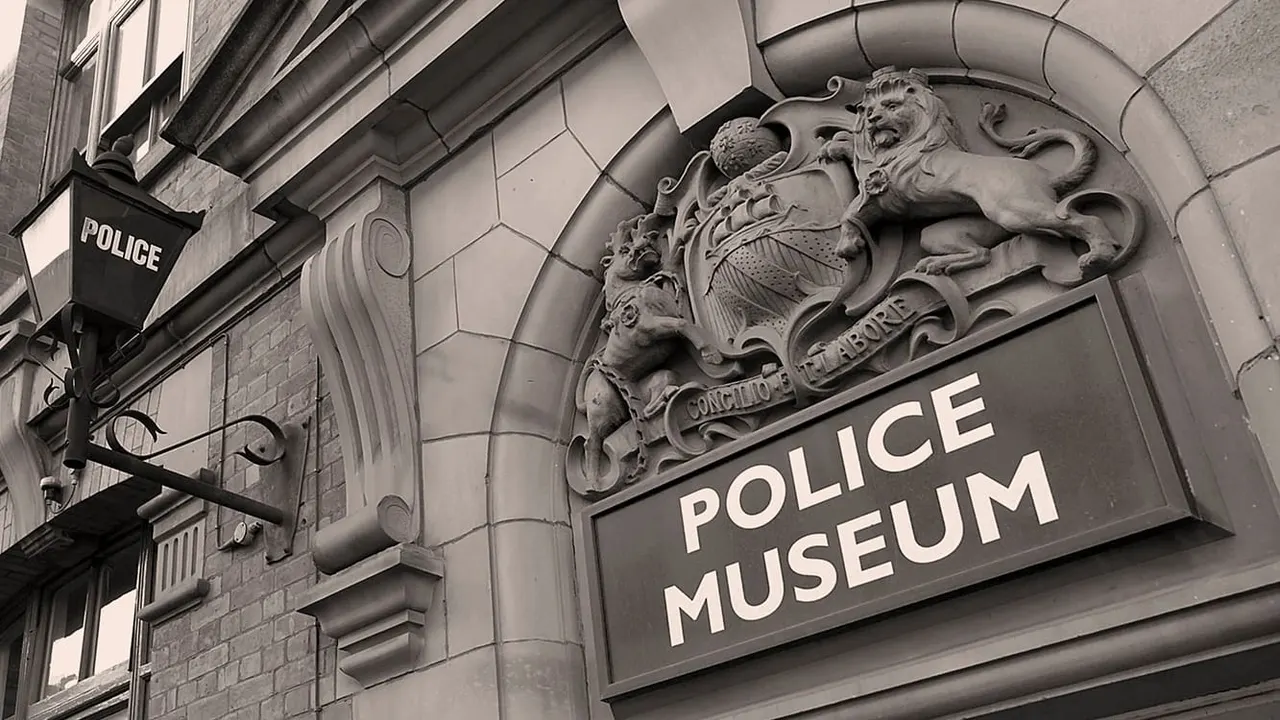 Ornate stone facade of a historic building with decorative heraldic crest and signage reading "Police Museum".