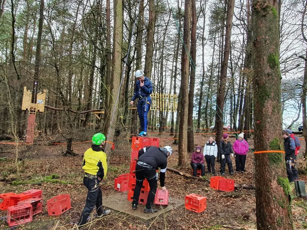 People participating in a forest treetop adventure course, climbing and balancing on elevated wooden structures between trees.