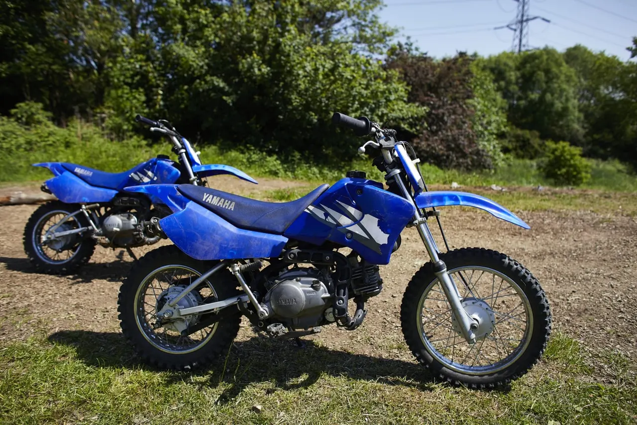 Two blue Yamaha mini bikes parked on grass with trees in the background.