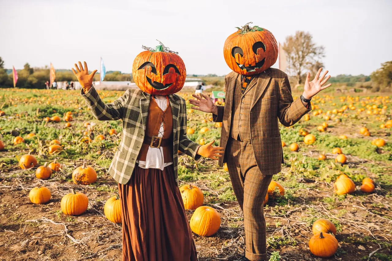 Two people wearing pumpkin head costumes and period clothing pose in a pumpkin patch field.
