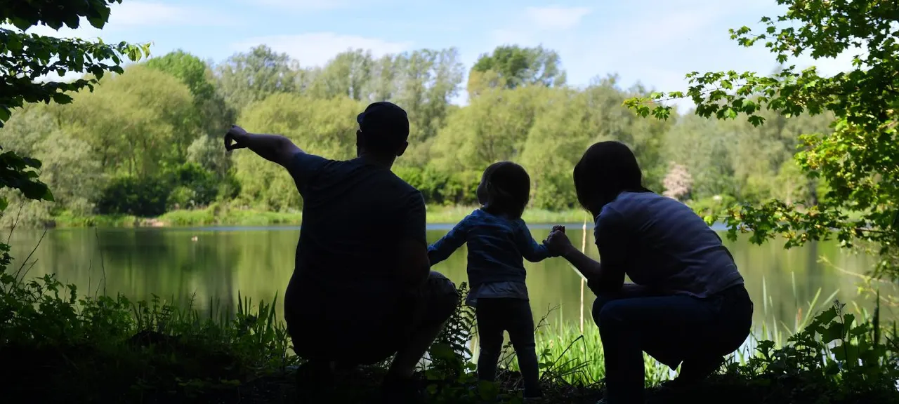 An adult and two children in silhouette stand by a calm lake surrounded by trees, pointing towards the water.