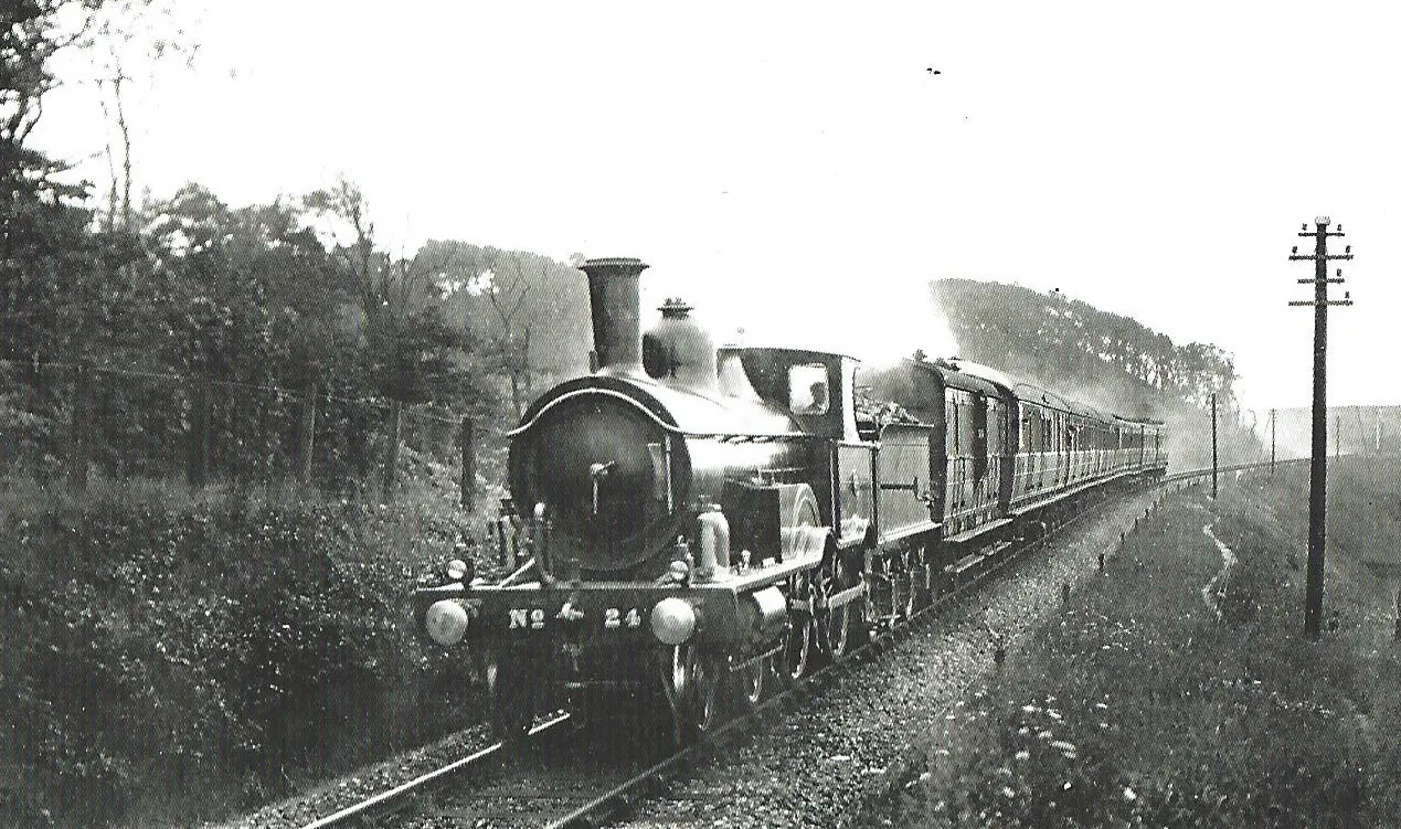 Steam locomotive numbered 424 pulling passenger carriages along a railway line bordered by trees and telegraph poles.