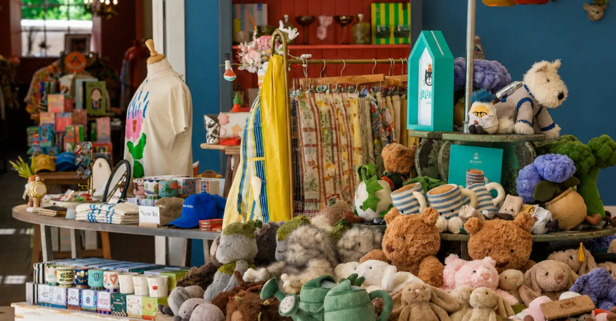 Colourful children's shop display featuring stuffed toys, clothing on rails, decorative flowers, and branded products arranged on shelves and tables.
