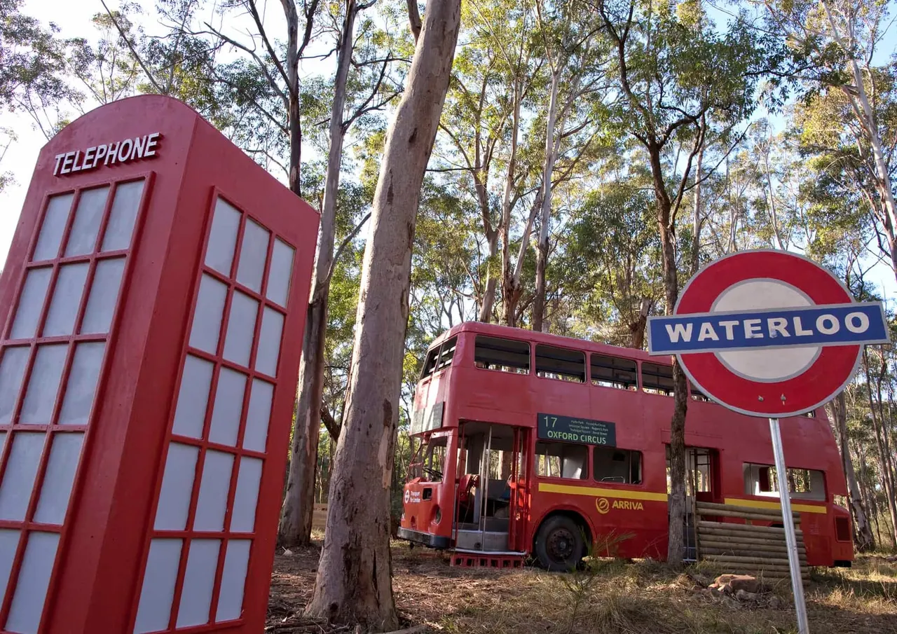 Red telephone box and vintage red double-decker bus amongst tall eucalyptus trees in a woodland clearing.