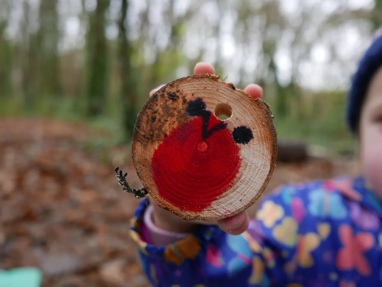 Child holding a wood slice painted with a red robin face in a woodland setting.