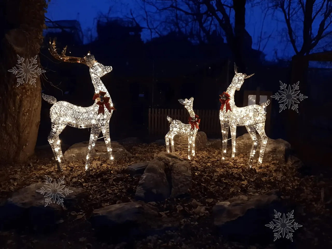 Illuminated wireframe reindeer decorations with red bows displayed at dusk in a woodland setting.