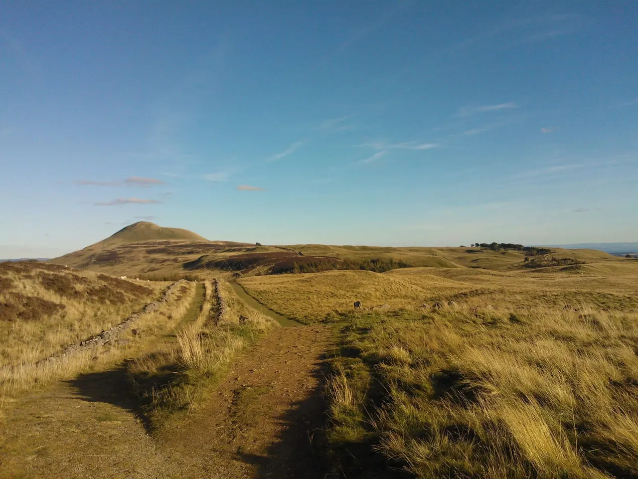 Moorland path winding through grassy hills with a conical peak in the distance under clear blue sky.