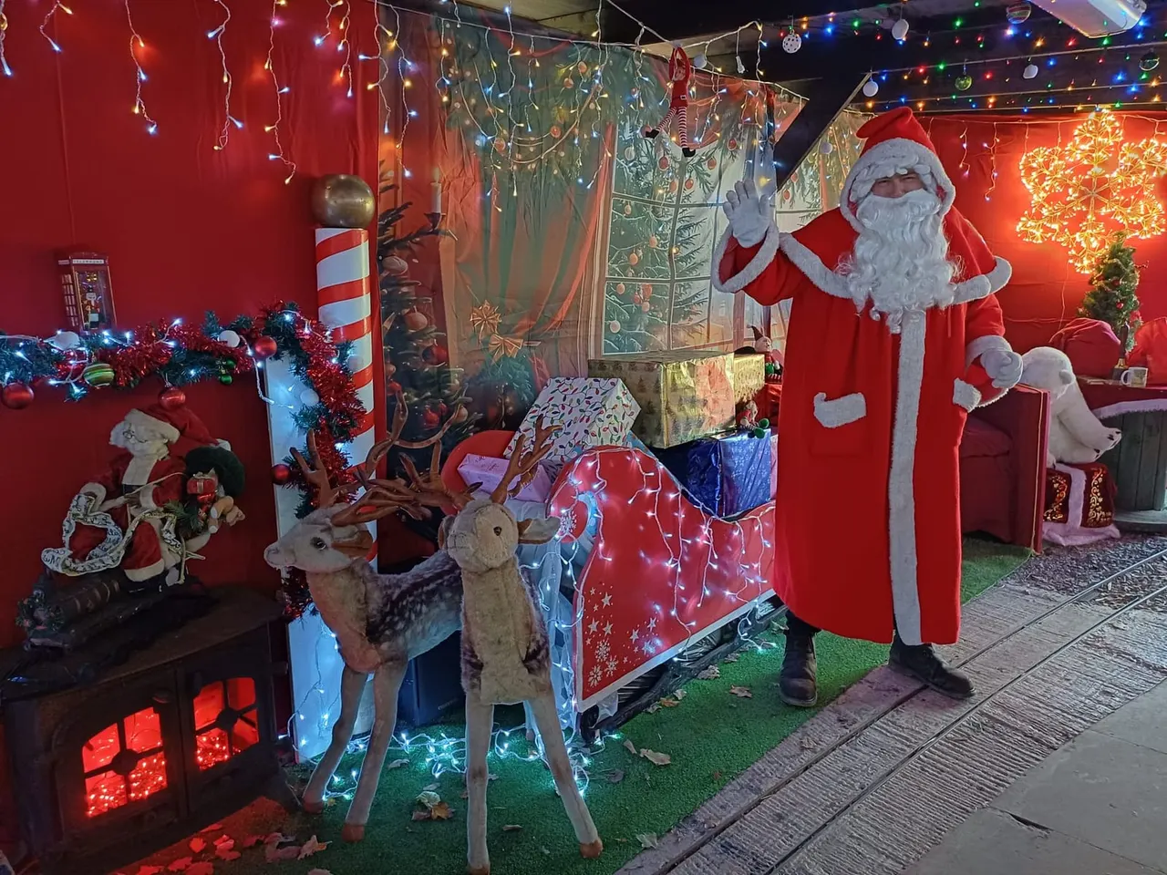 Elaborate Christmas display with large Santa figure, reindeer models, lit decorations and festive props in red and multicoloured lights.