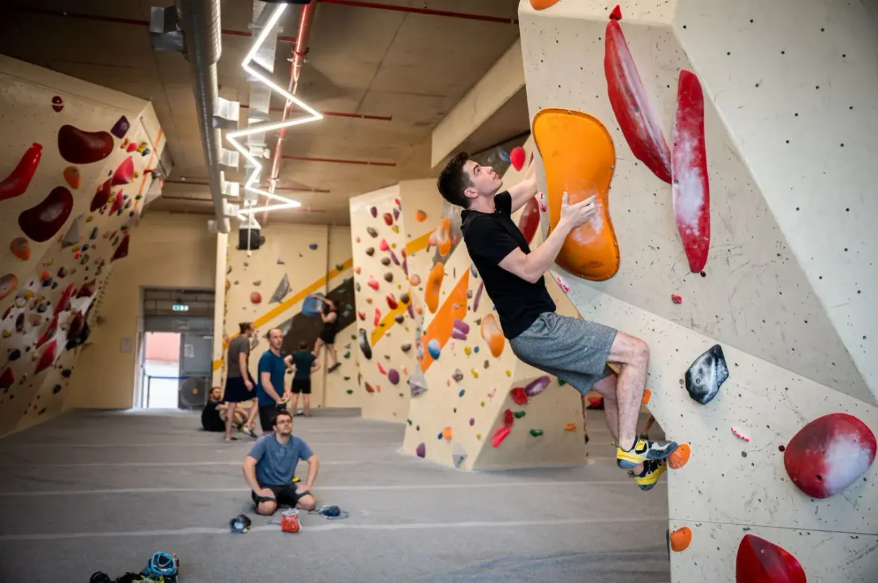 Climber on the bouldering wall at Social Climbing Leicester