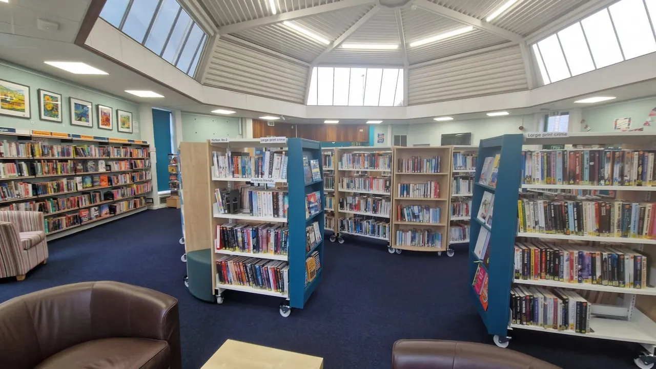 Interior of a modern library with blue and natural wood shelving units stocked with books, comfortable seating, and skylights overhead.