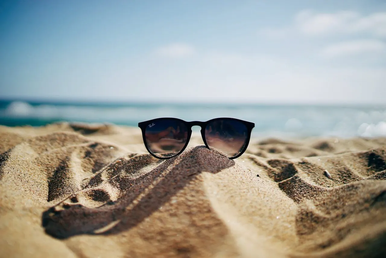 Sunglasses resting on sand with footprints, sea and sky in the background.