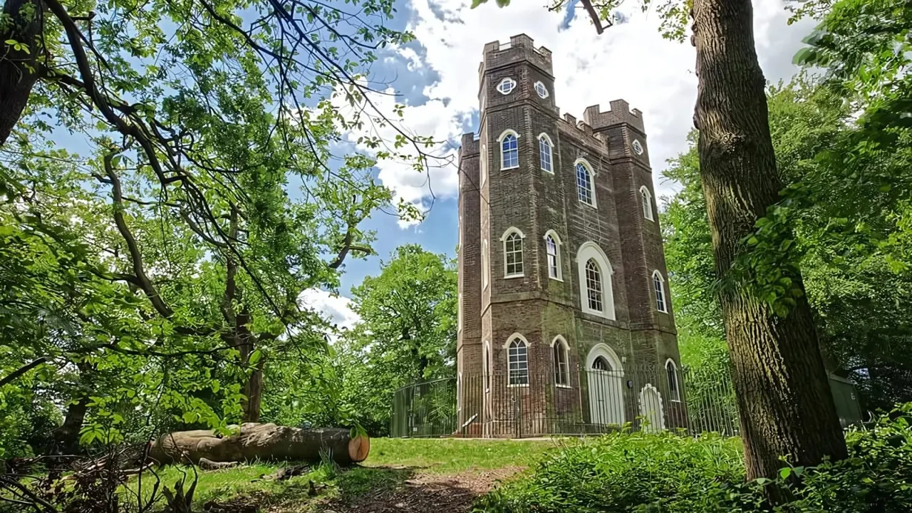 Historic brick tower with clock faces surrounded by mature trees and woodland on a summer day.