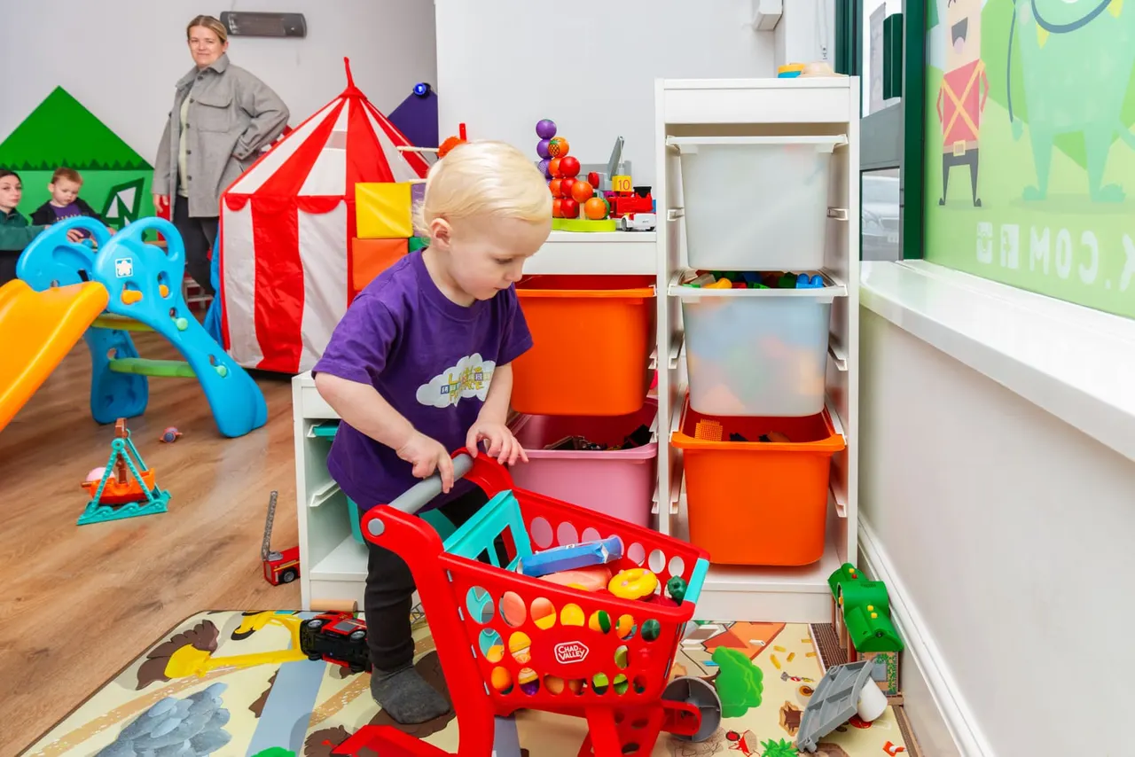 Young child in purple shirt playing with a toy shopping basket in a colourful indoor play area with slides, a red-and-white tent, and storage cubbies.