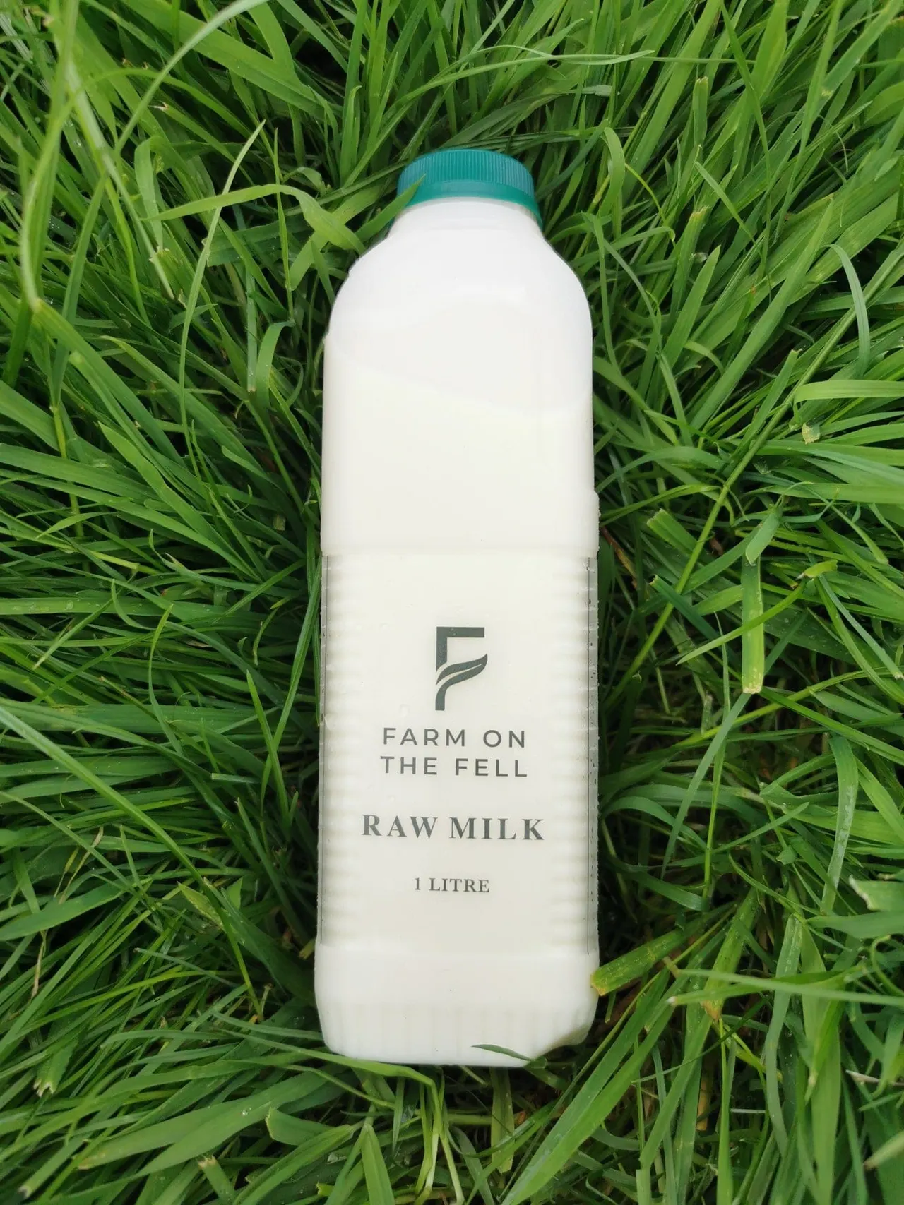 Bottle of raw milk resting on green grass from a farm venue.