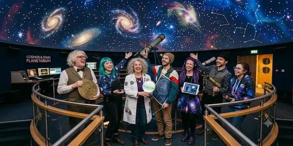 Group of visitors of mixed ages standing inside a planetarium dome with a galaxy projection above them.