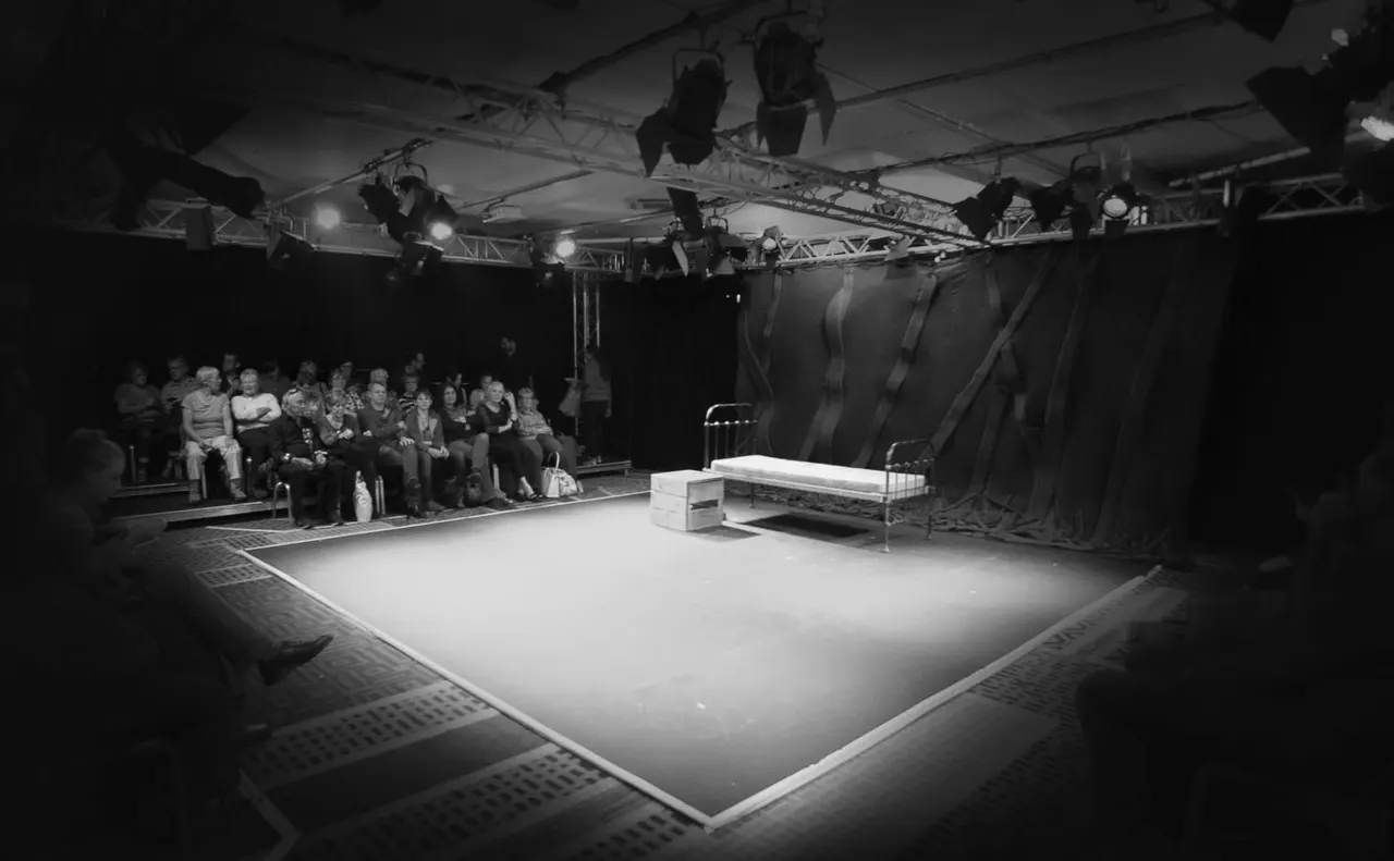Audience seated in a darkened theatre watching an illuminated stage with theatrical lighting rig overhead.