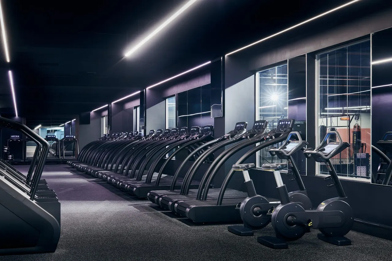 Modern gym interior with rows of exercise bikes, treadmills, and dumbbells under bright neon lighting.