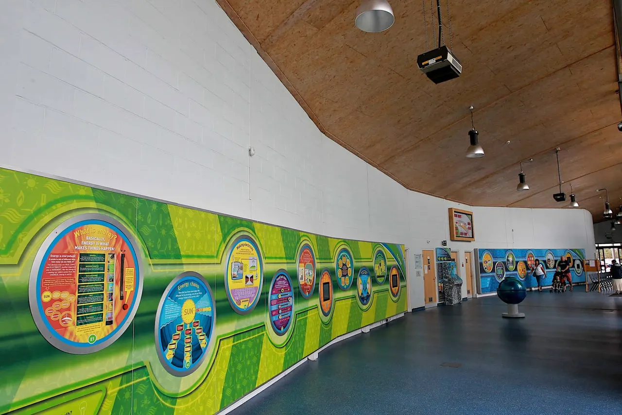 Interior of a modern library space with interactive educational wall displays and activity stations for children.