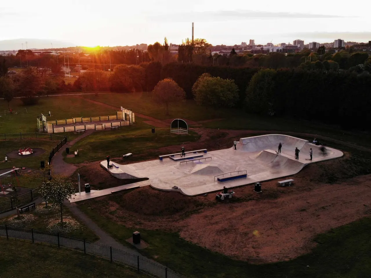 Drone view of The Hook skate plaza and bowl at sunset Lady Bay