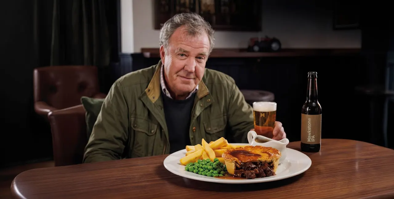 Man in olive jacket sits at table with pie, chips, peas and a pint of beer.