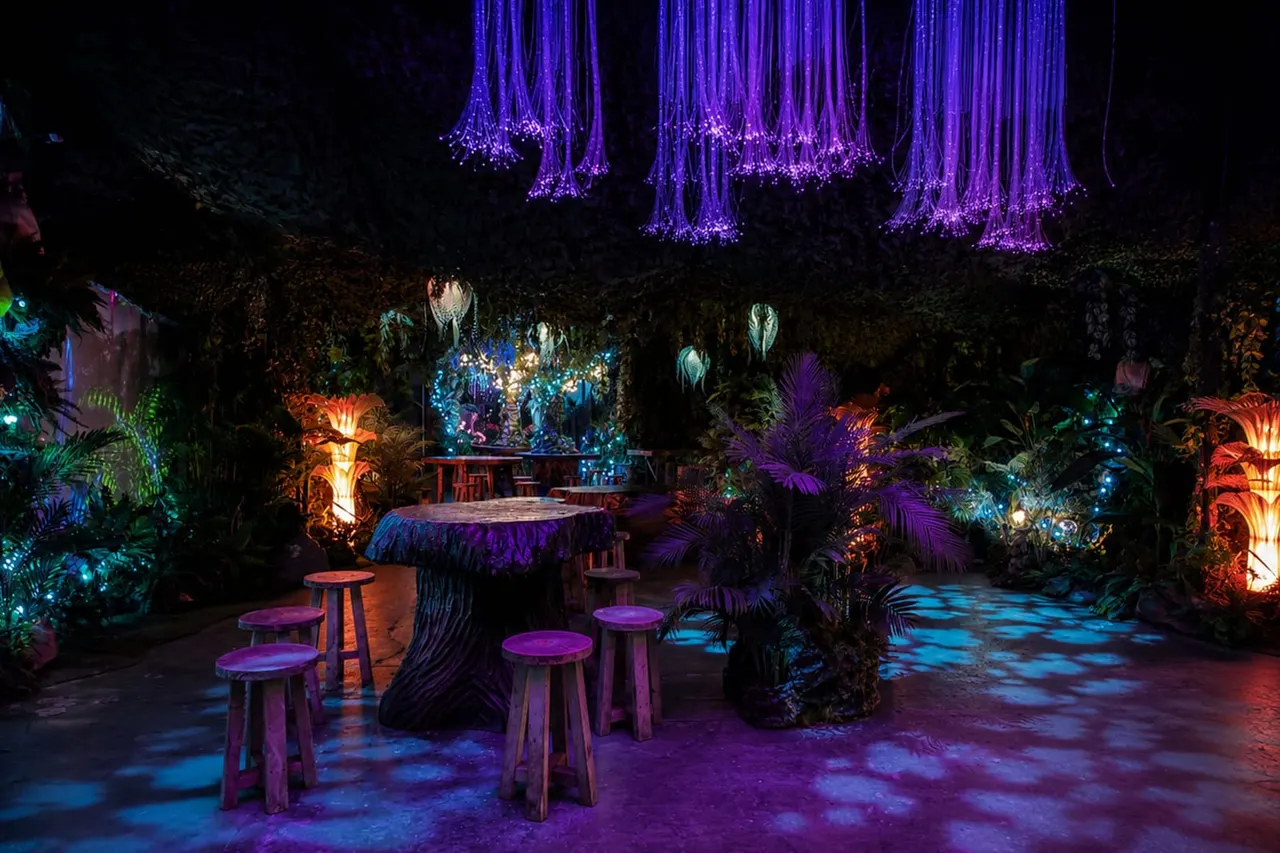 Underground cavern with illuminated purple hanging vines, tropical plants lit in orange and blue, and wooden seating areas arranged across the floor.