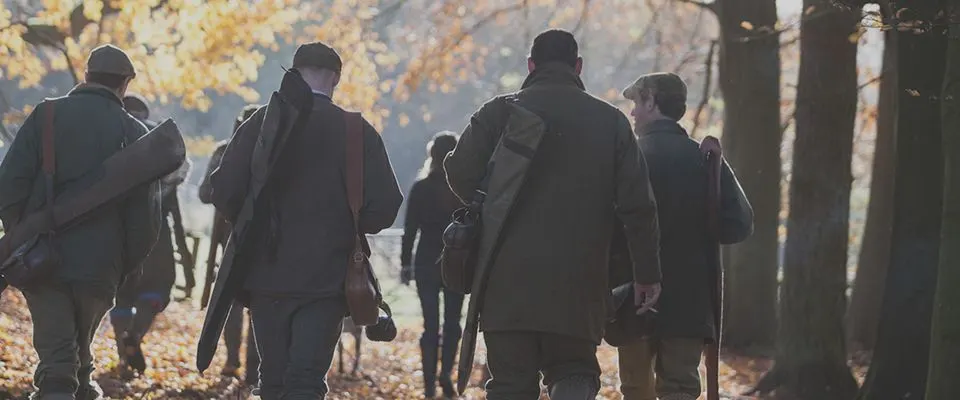 A group of visitors walking away through an autumn woodland with golden foliage, carrying belongings and exploring the grounds.