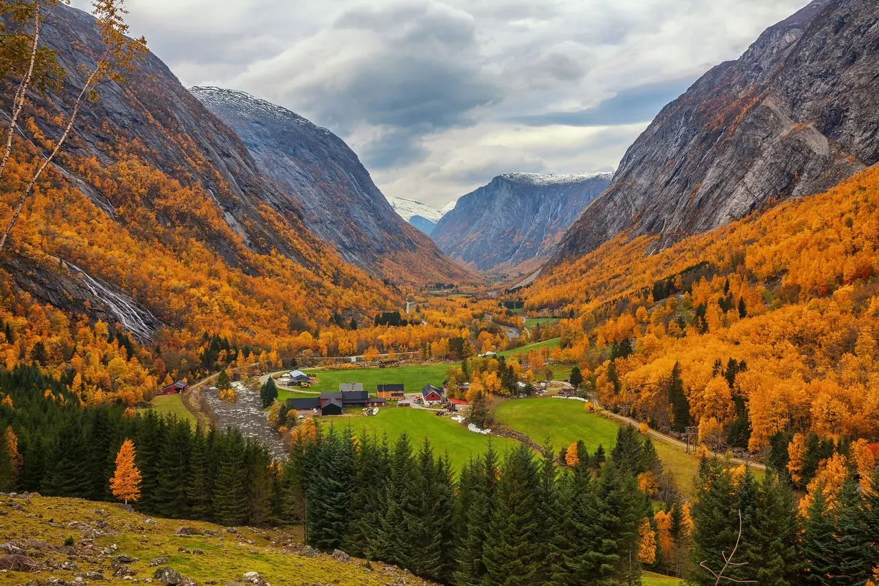 This is a PHOTOGRAPH.

Alpine valley in autumn with golden larch trees, steep rocky mountains, a river, and farm buildings scattered across green meadows below.
