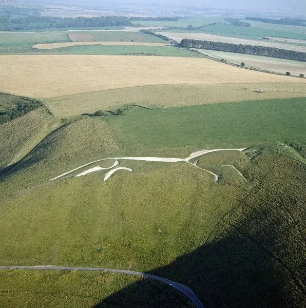 Aerial view of the White Horse chalk figure carved into a green hillside with surrounding fields and woodland.