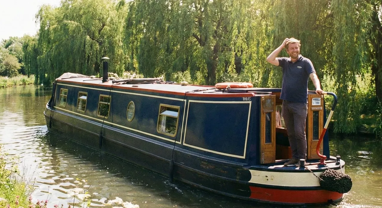 Man standing on the stern of a blue and red narrowboat moored on a calm waterway lined with weeping willow trees.