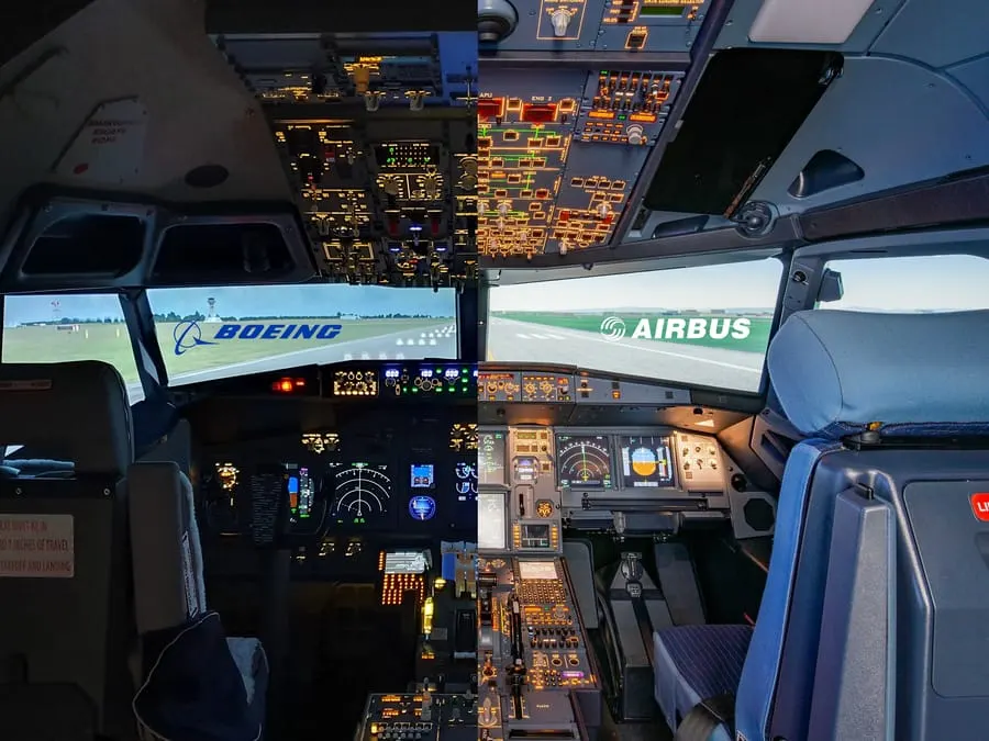 Aircraft cockpit simulator with illuminated instrument panels, control displays and overhead switches, featuring Boeing and Airbus branding on screens.