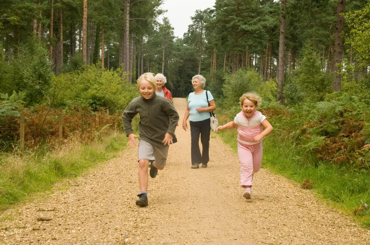 Two children and two older adults jogging and walking on a woodland path through tall trees.