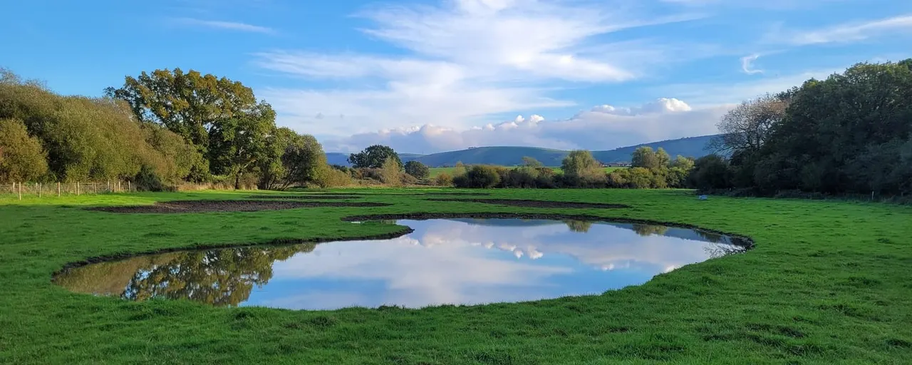 Ponds reflecting blue sky and clouds in a green pastoral landscape with trees and distant hills.