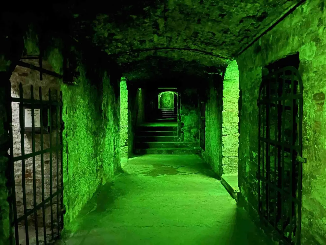Underground stone corridor with green lighting, iron gates on either side, and steps visible in the distance.