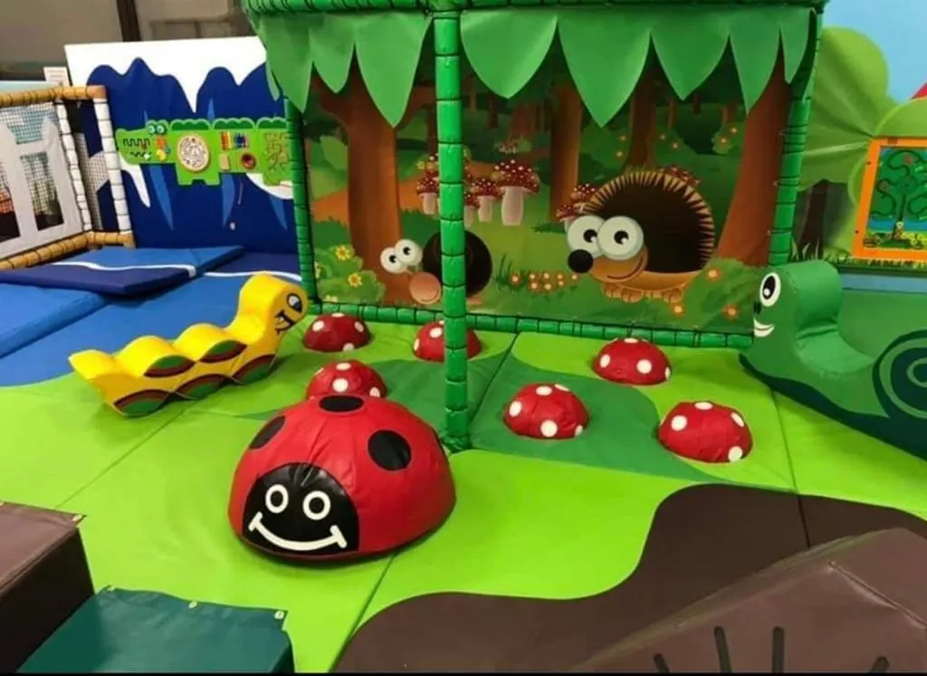 Soft play area with garden-themed inflatables including giant ladybirds, hedgehogs and mushrooms on bright green matting.