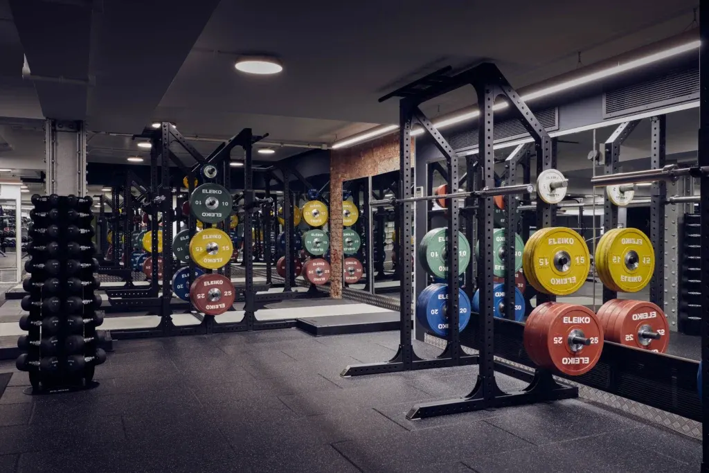 Modern gym interior with weight plates, barbells, and lifting racks under bright lighting.