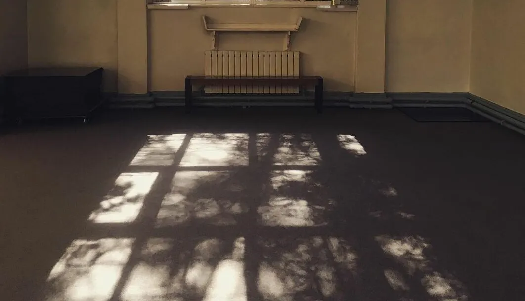 Empty interior room with dark floor and pale walls, sunlight streaming through windows casting shadows across the space.